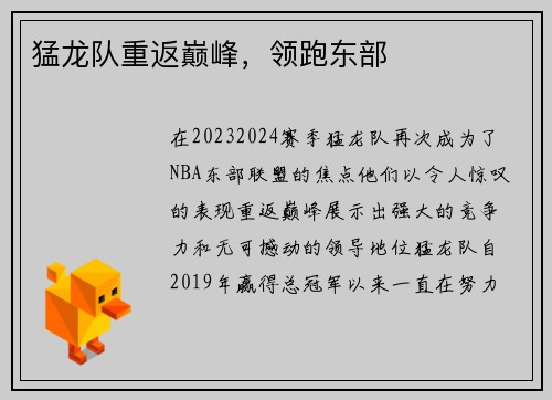 猛龙队重返巅峰，领跑东部
